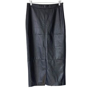 Black Faux Leather Midi Pencil Skirt Elastic Waist Back Slit Women